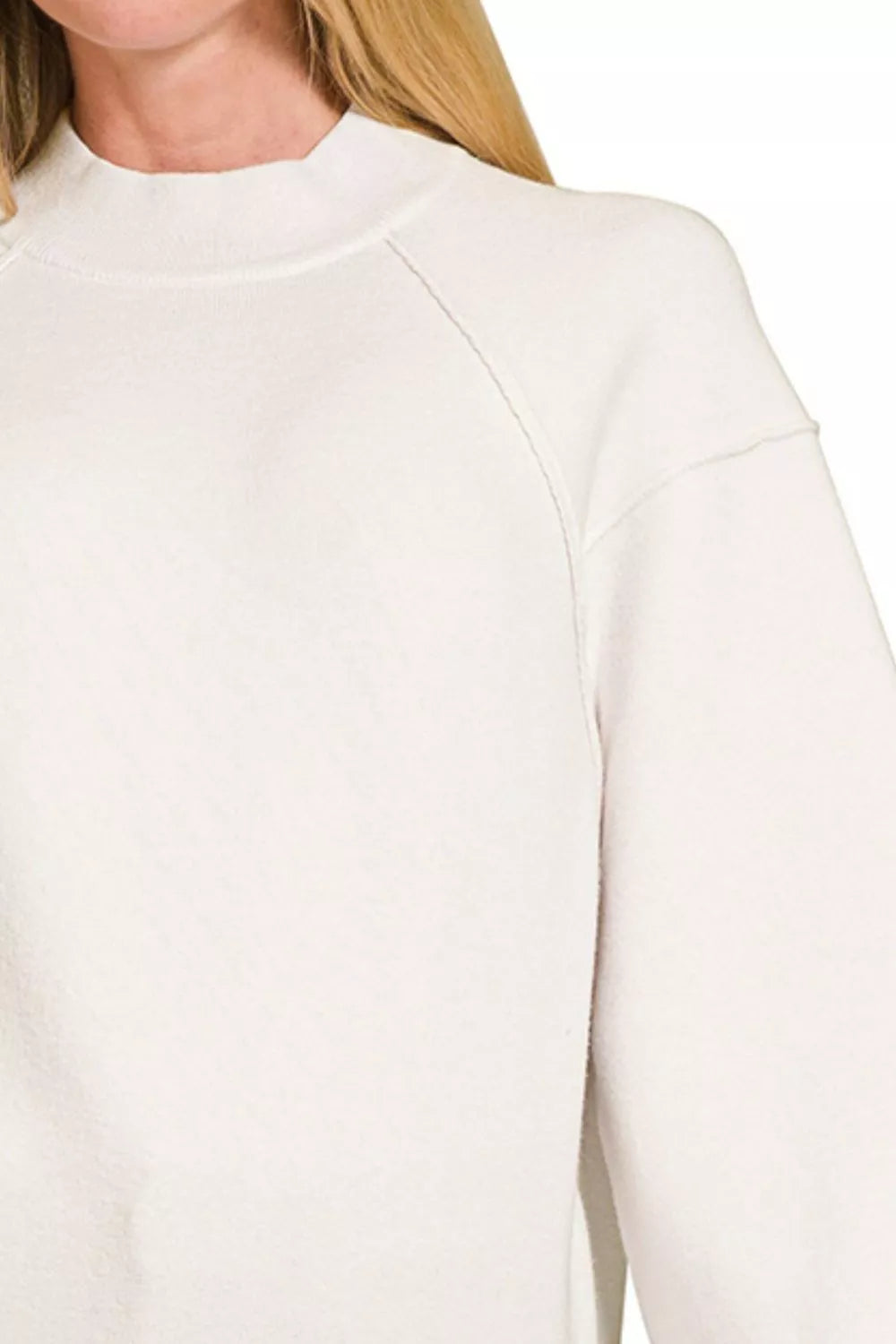 Zenana Mock Neck Exposed Seam Sweater in Off White
