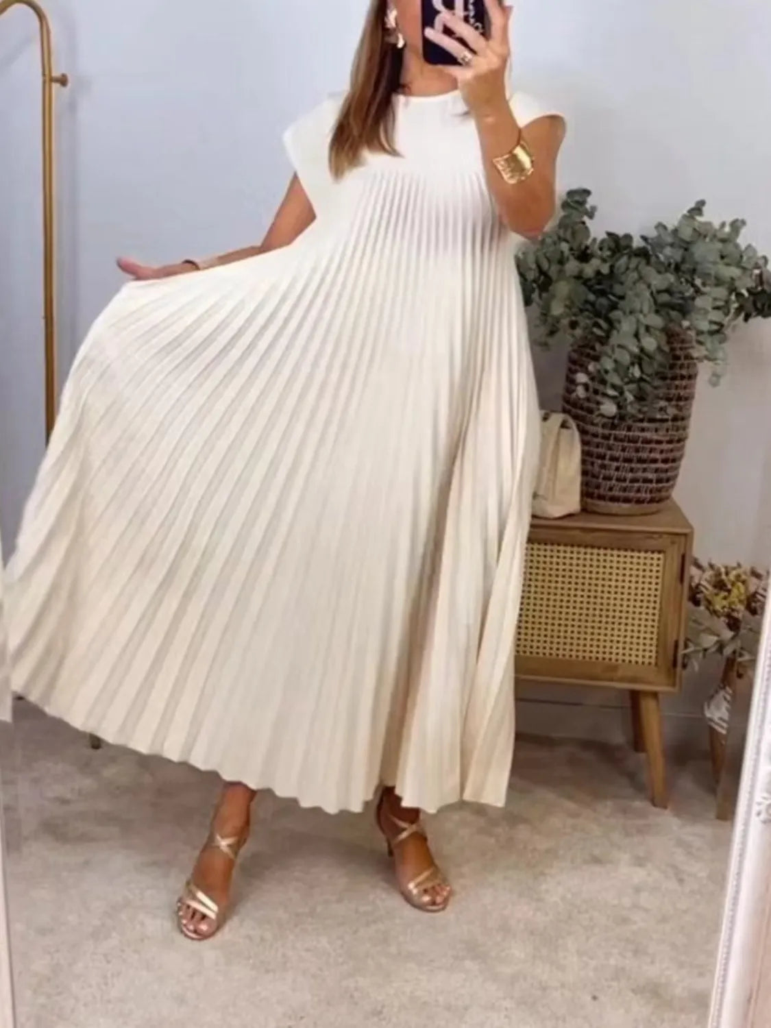 Pleated Round Neck Maxi Dress in Cream
