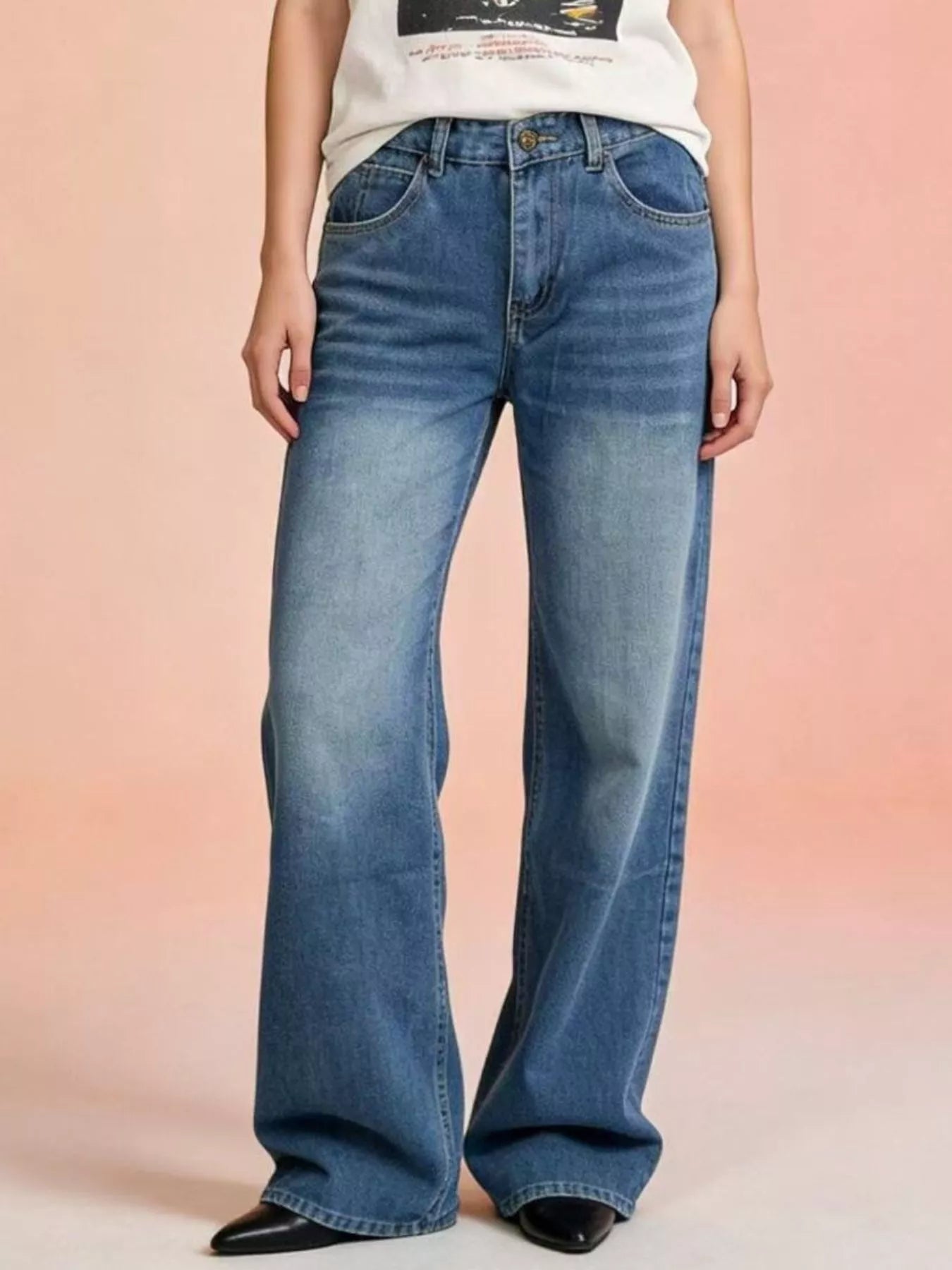Vintage Wash Wide Leg Jeans in Blue by Dreamy Drapes