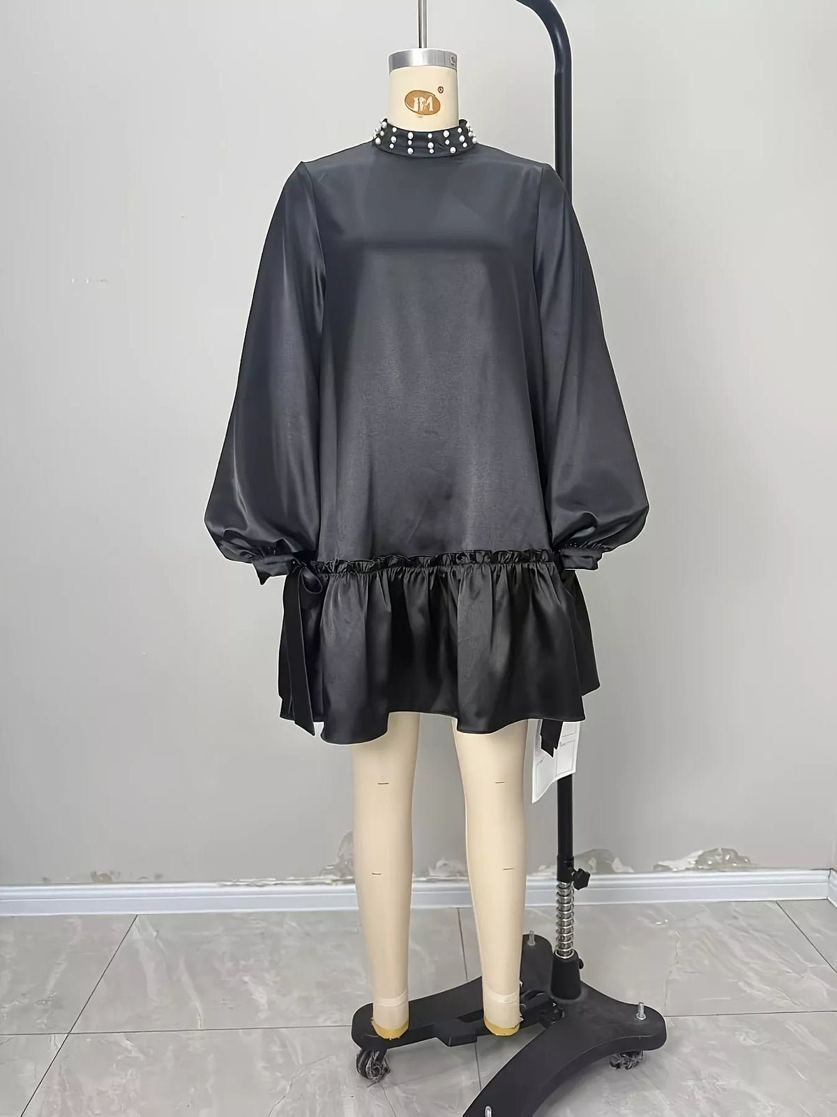 Pearl-Embellished Ruffle Hem Dress in Black