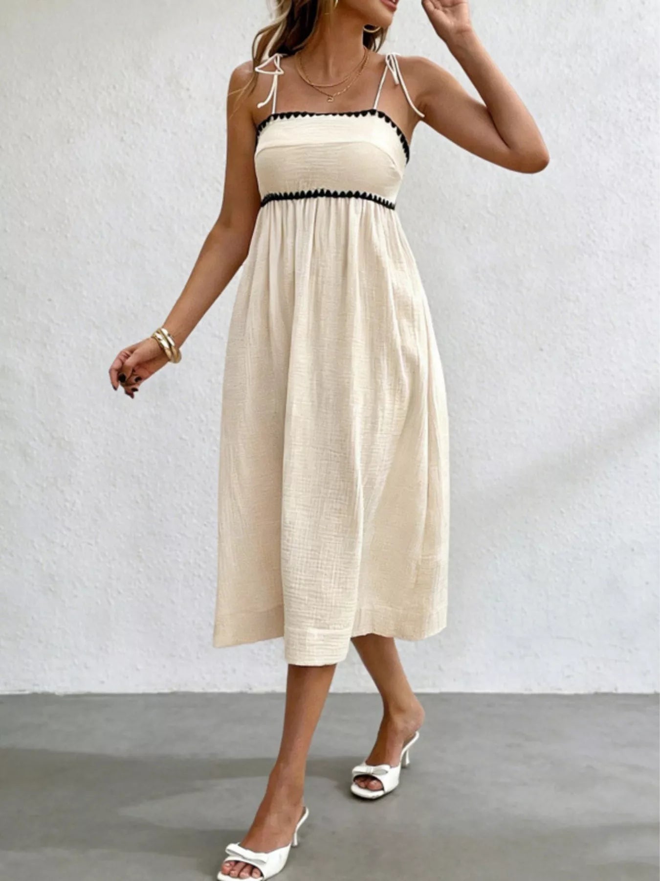 Contrast Trim Tie-Shoulder Midi Dress in Ivory