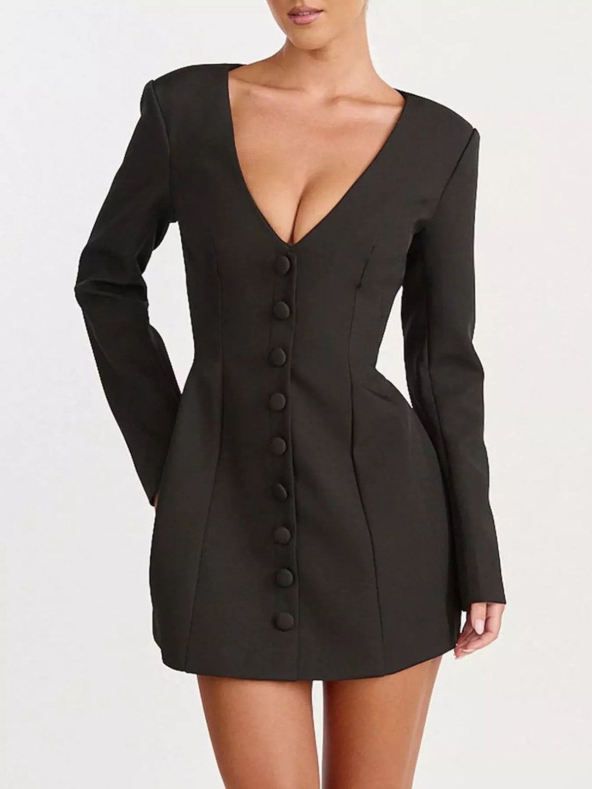 Deep V-Neck Button-Down Blazer Dress