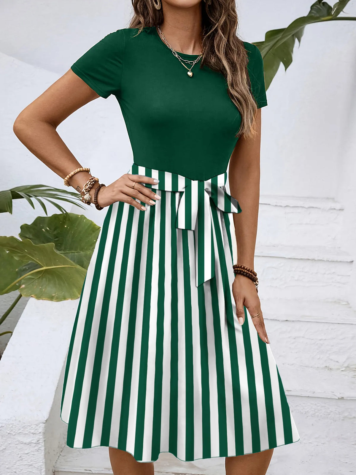 Striped Round-Neck Tie-Detail Dress by Classic Comfort