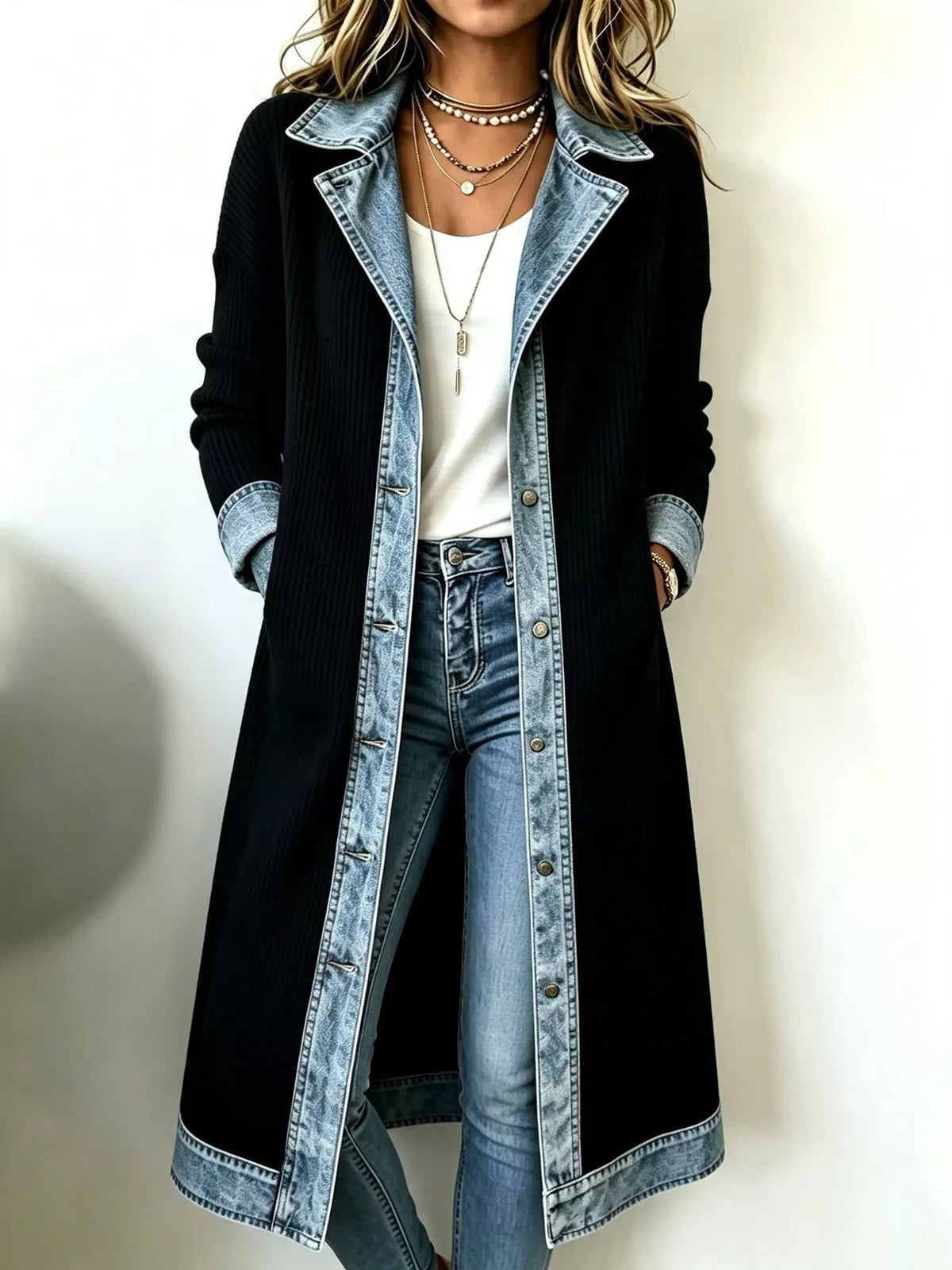Denim-Trimmed Longline Cardigan