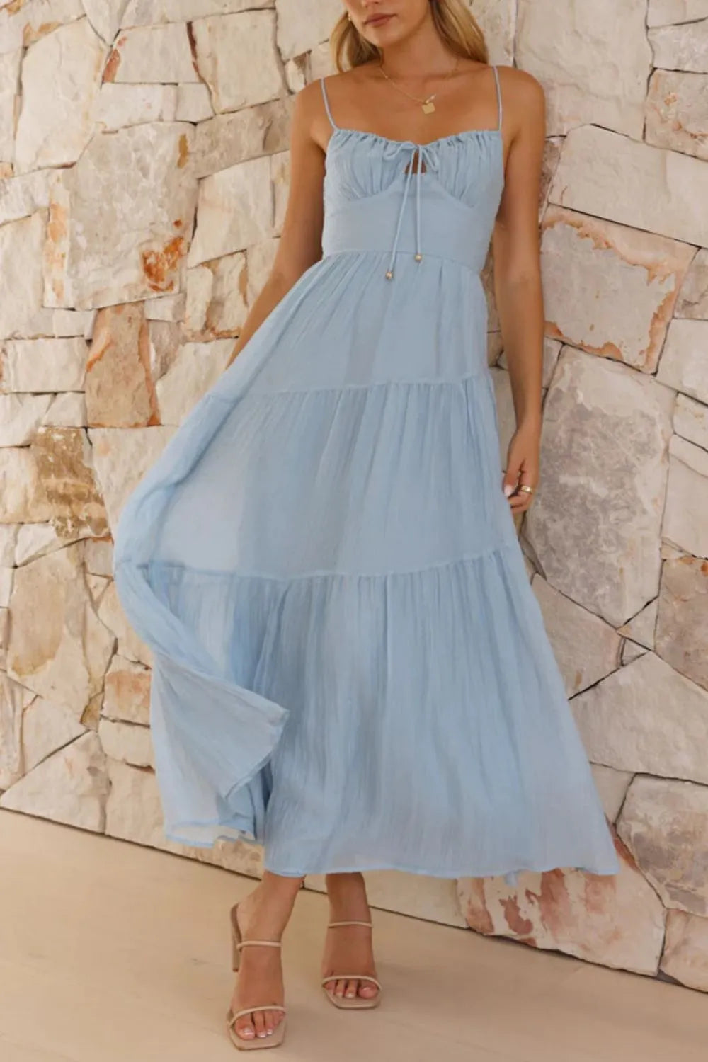 Smocked Back Cami Midi Dress in Light Blue