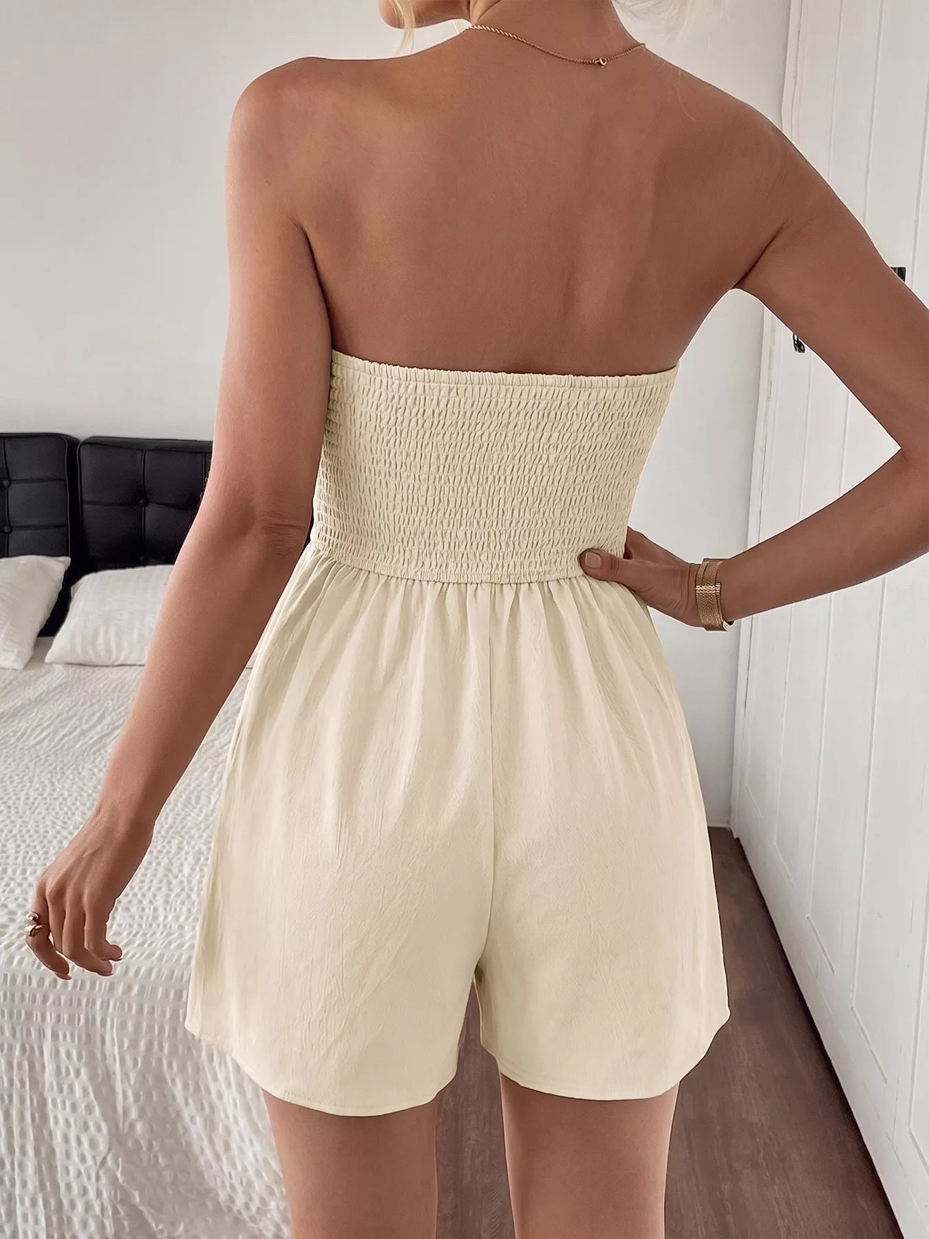 Strapless Pleated Detail Romper in Apricot