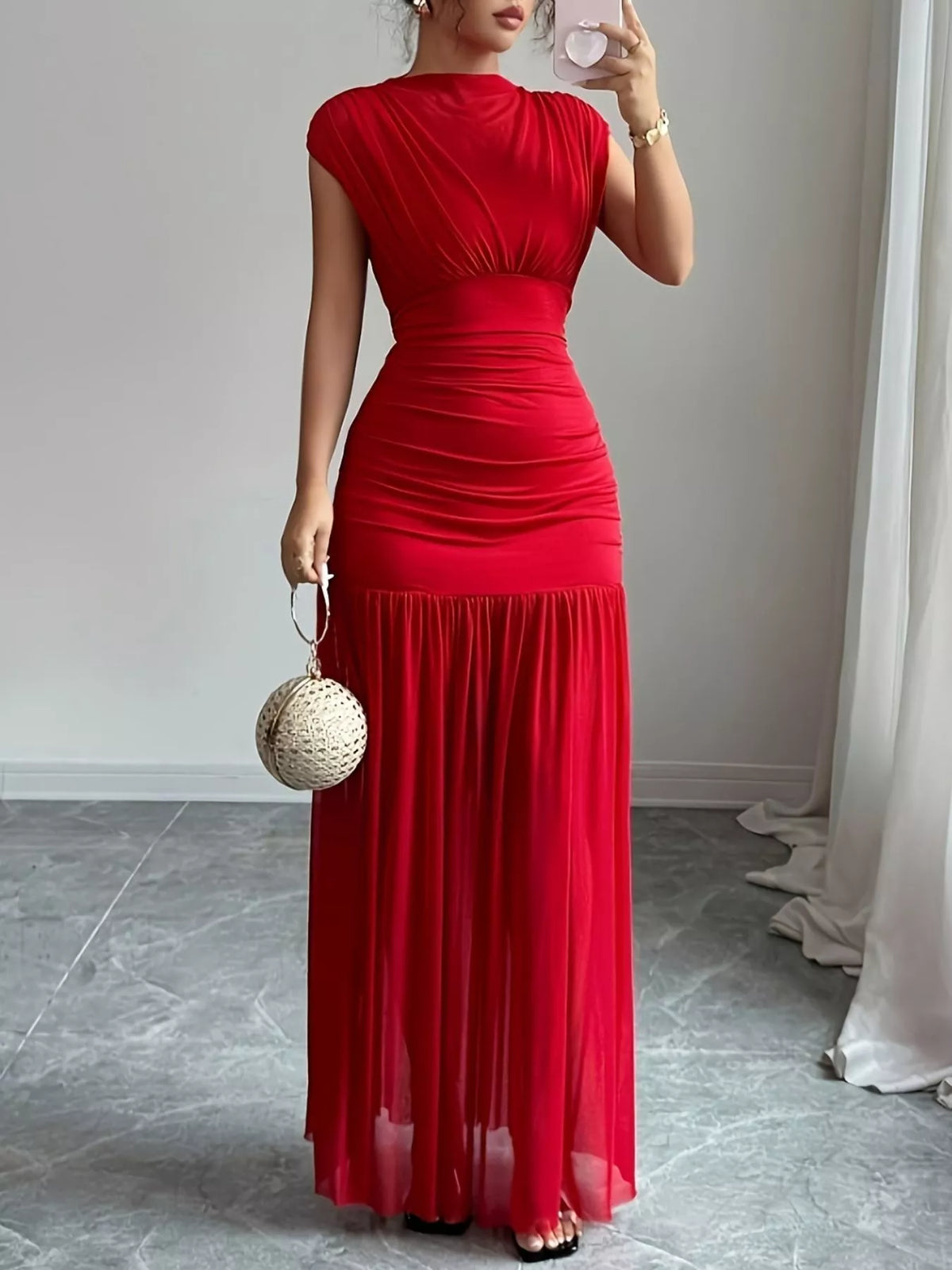 Ruched Cap Sleeve Maxi Dress in Red