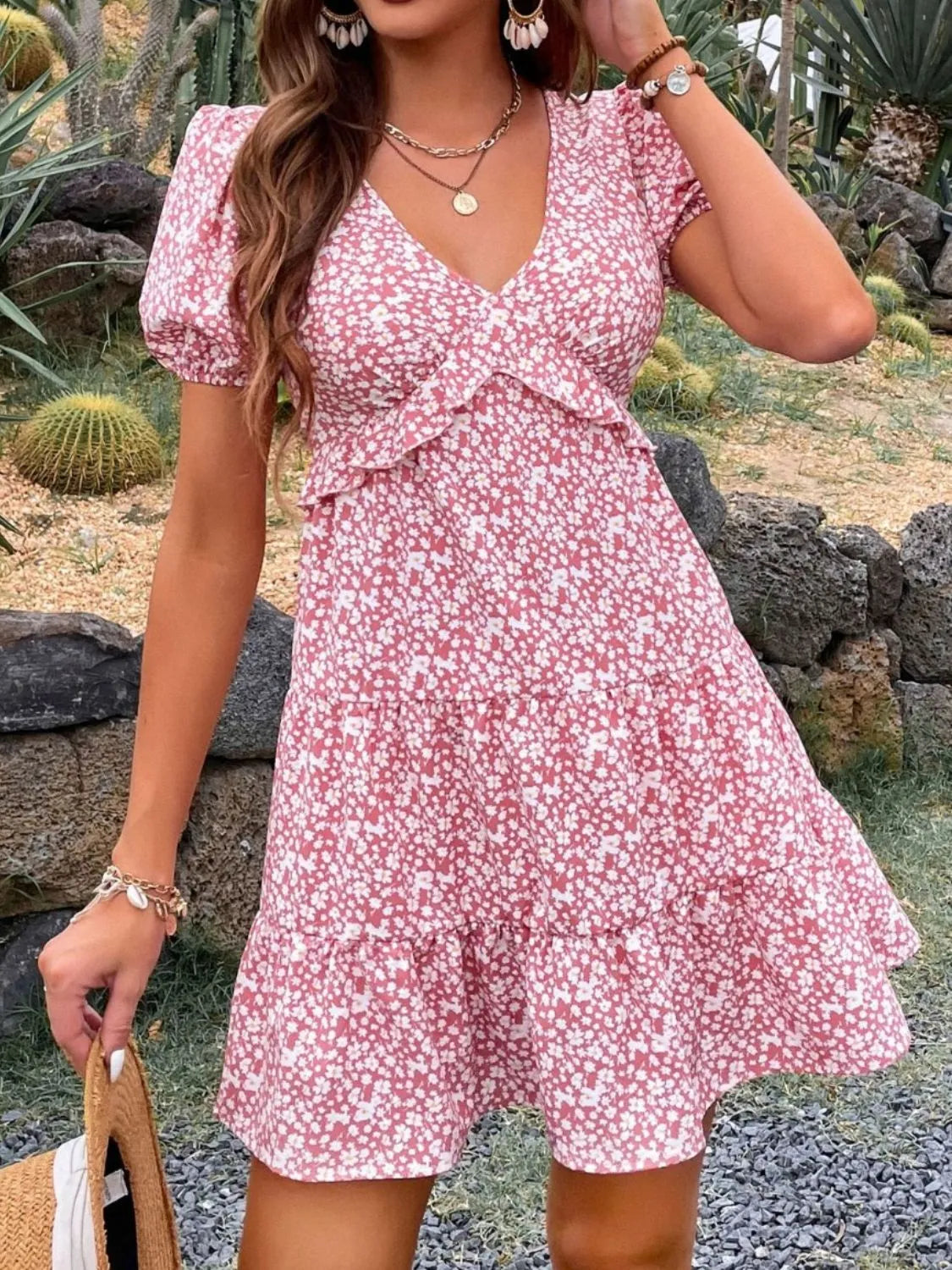 Floral Print Wrap Mini Dress with Puff Sleeves in Blush Pink