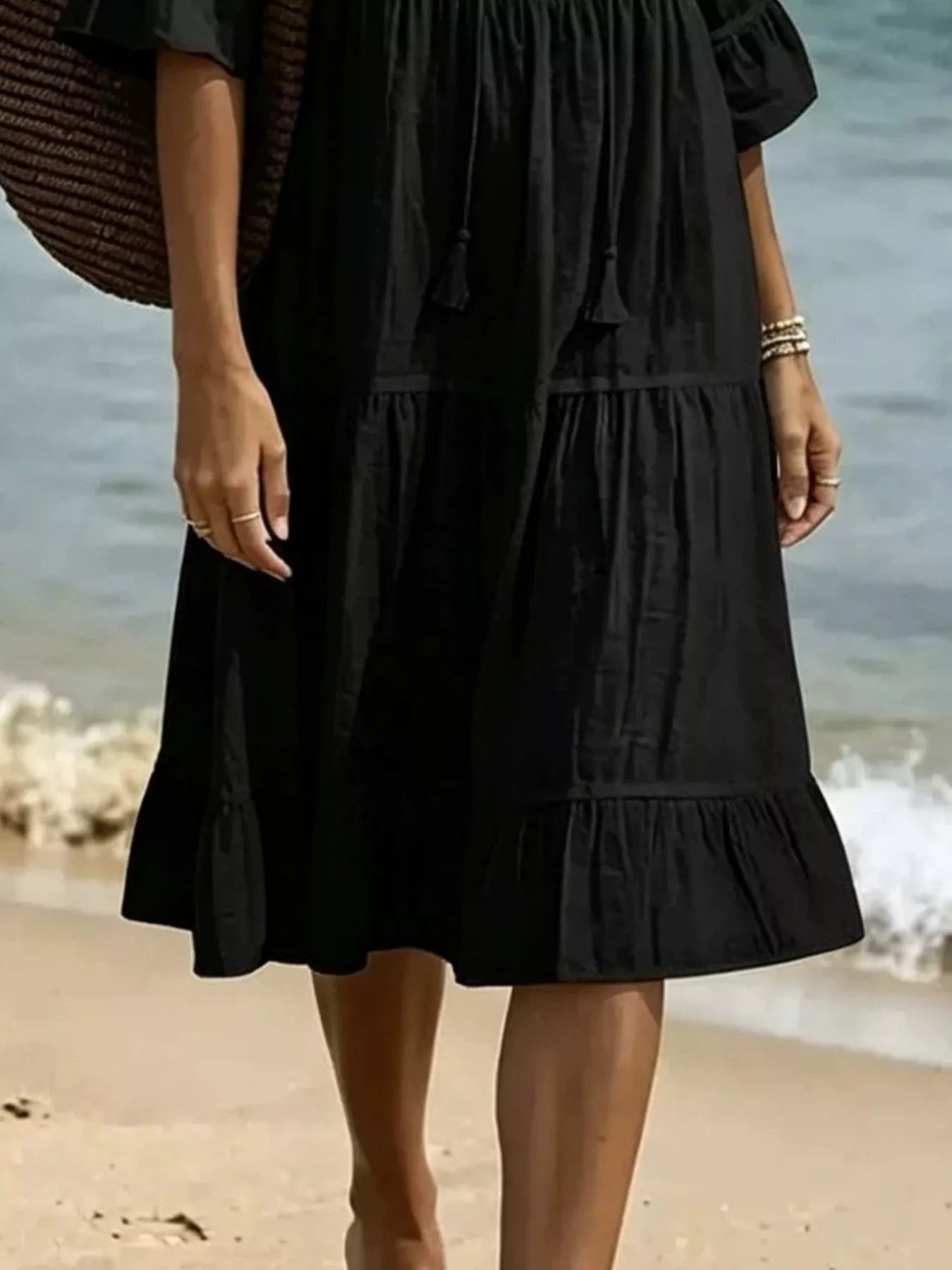 Tie-Neck Flounce Sleeve Tiered Dress