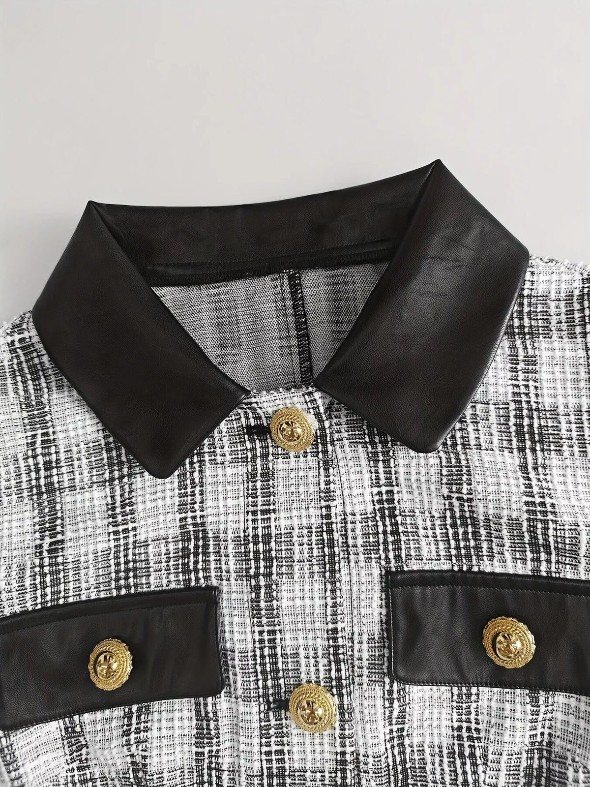 Long Sleeve Plaid Tweed Button-Down Mini Dress in Black