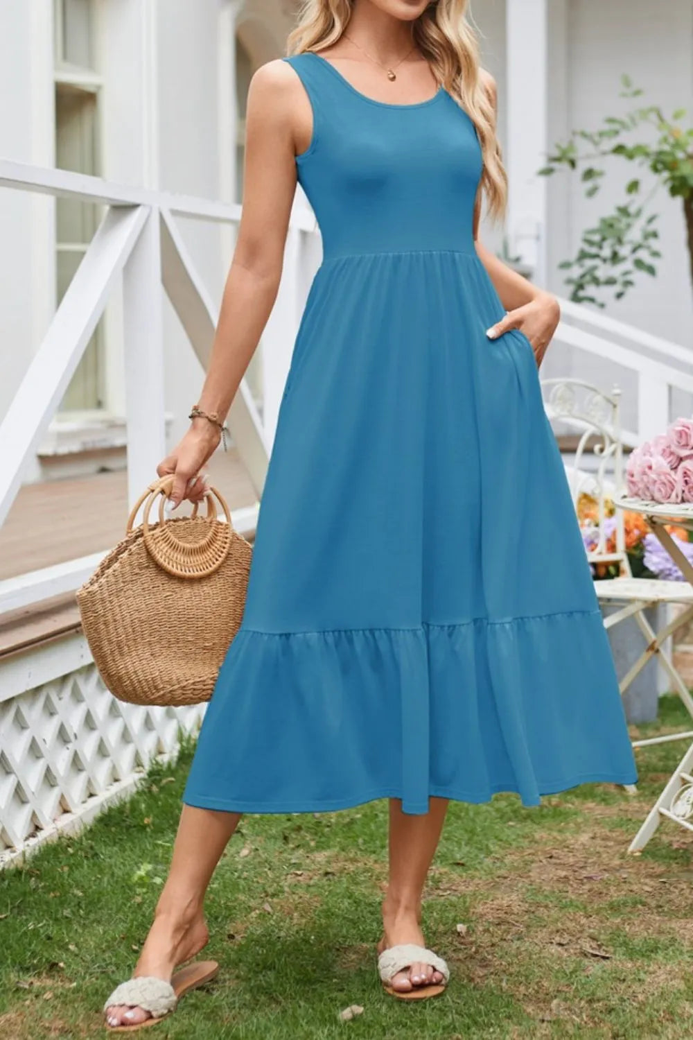 Round Neck Wide Strap Tank Dress by Gen Beauty