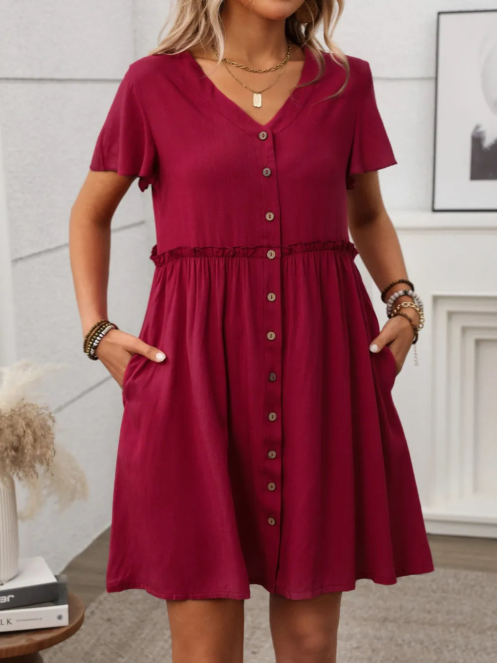 Button Front Flutter Sleeve Dress with Frill Detail