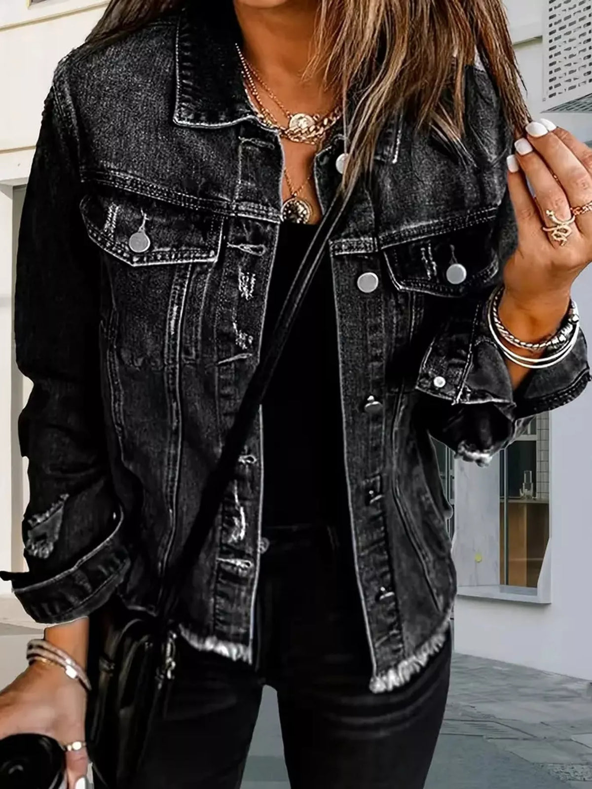 Distressed Raw Hem Denim Jacket