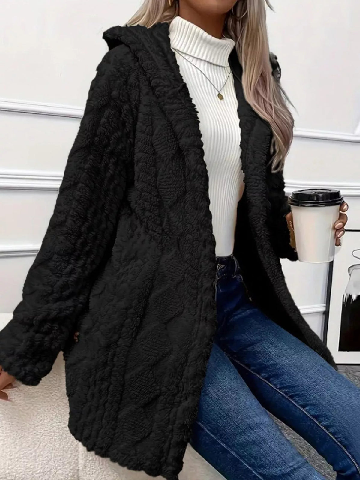 Cozy Cable-Knit Faux Fur Hooded Jacket
