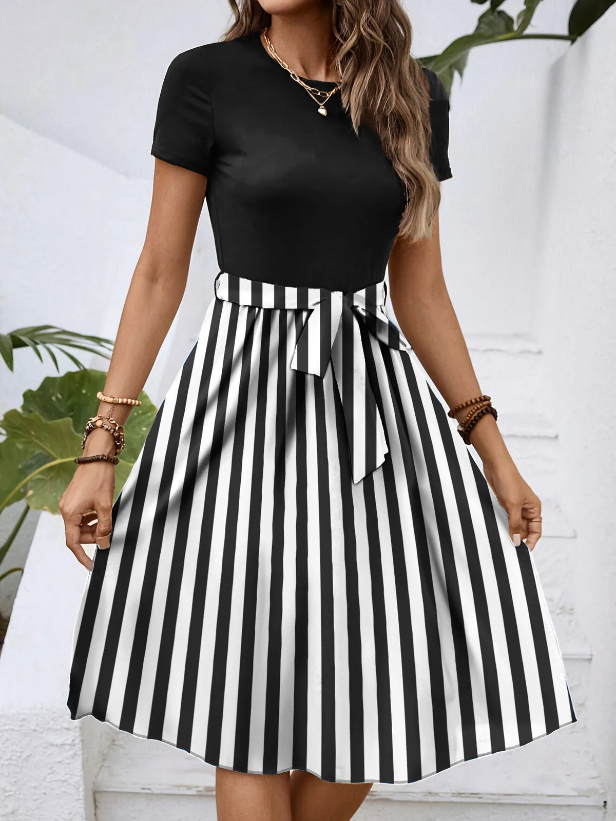 Striped Round-Neck Tie-Detail Dress by Classic Comfort