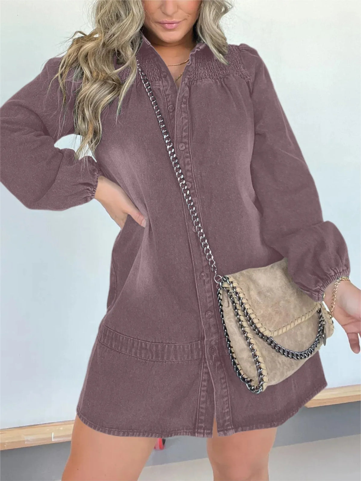 Button-Front Long Sleeve Denim Dress