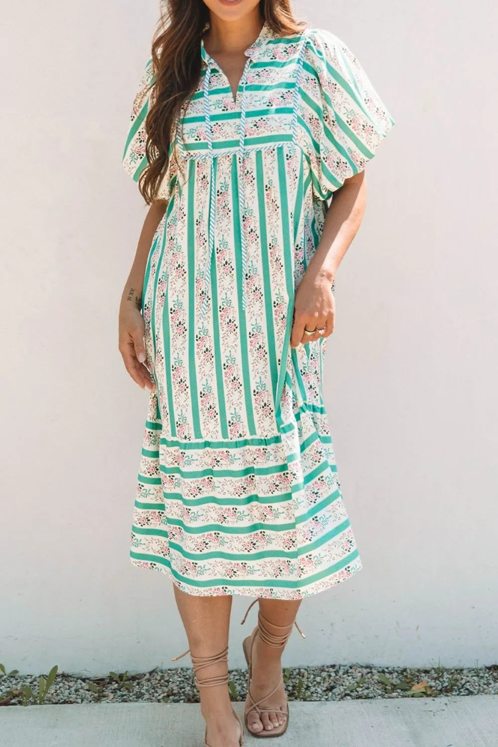 Striped Floral Tie-Neck Puff Sleeve Midi Dress in Sage