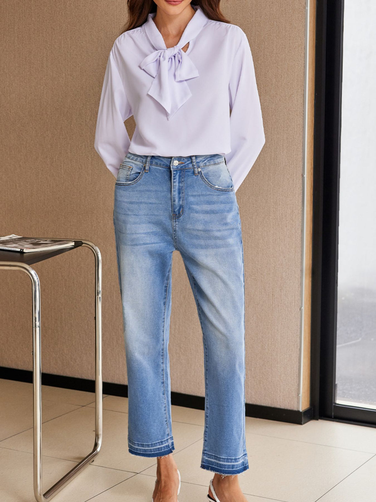 Whiskered Wash Raw Hem Cropped Jeans in Medium Wash