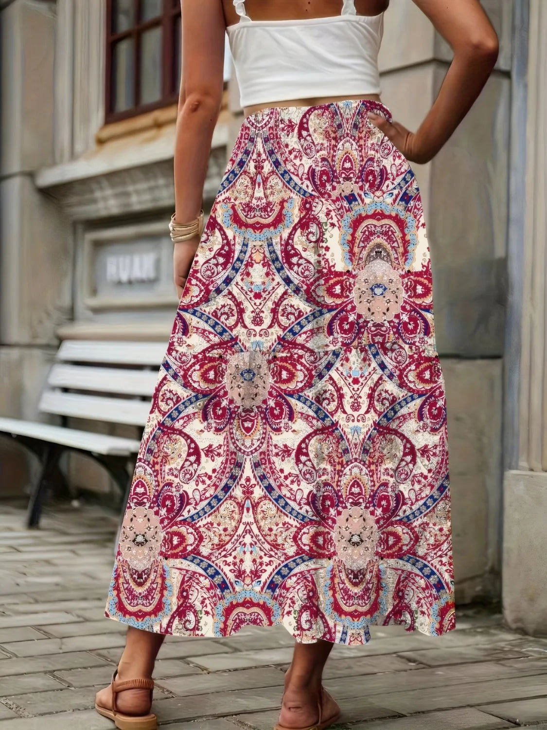 Smocked Printed High-Waisted Skirt