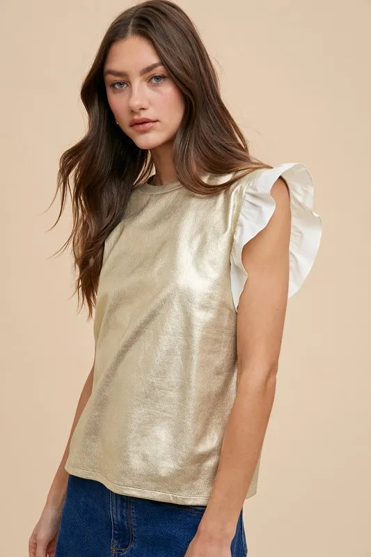 Annie Wear Metallic Knit Ruffle Sleeve Top in Ice Gold