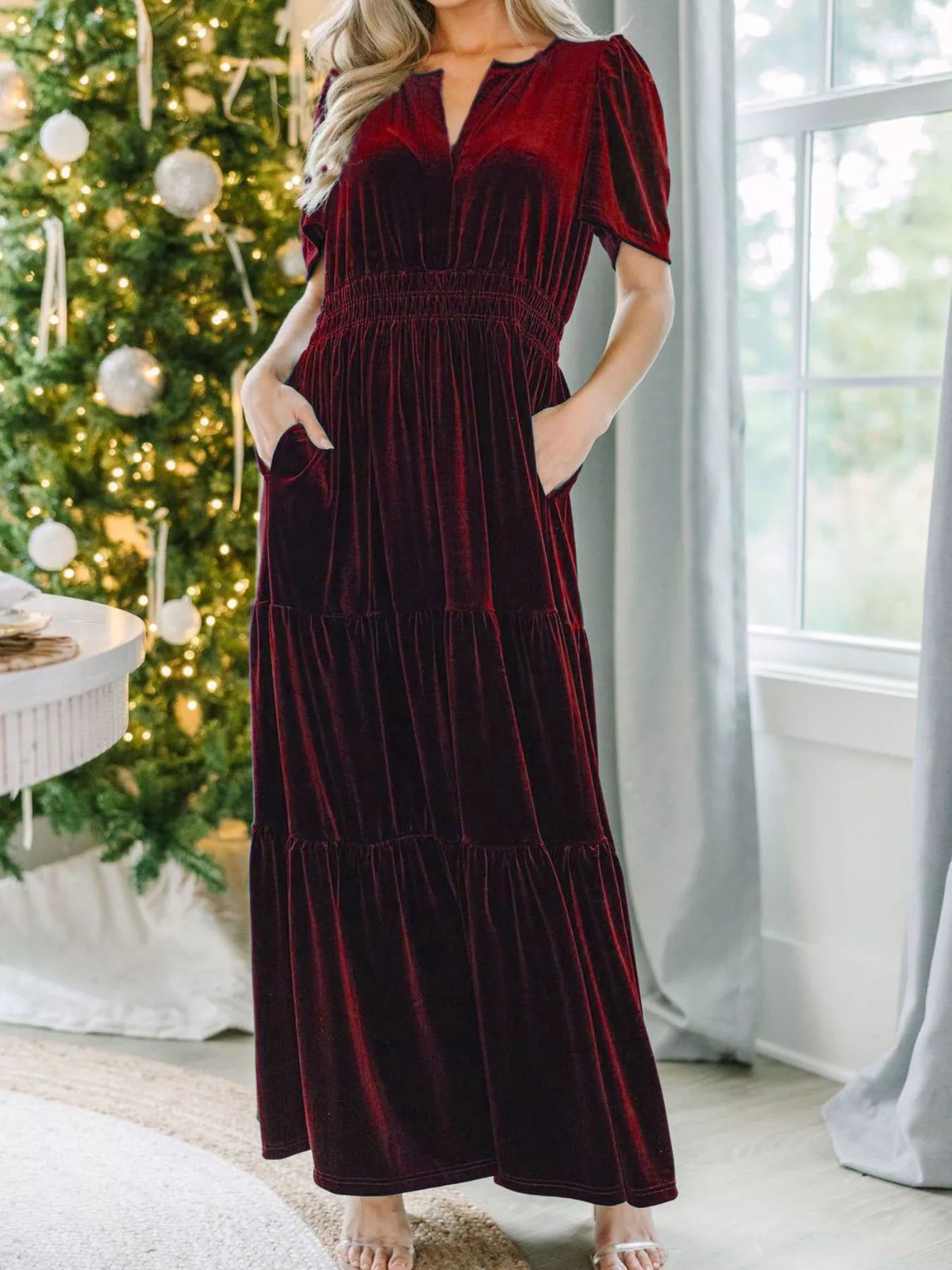 Velvet Tiered Short Sleeve Maxi Dress