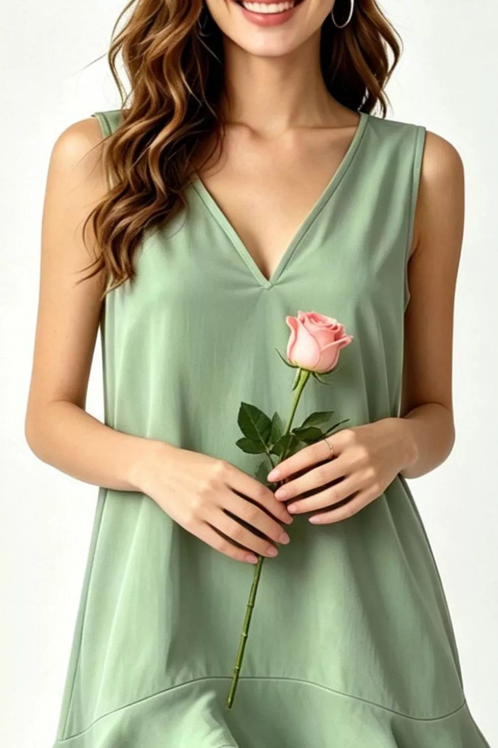 Sleeveless V-Neck Ruffle Hem Mini Dress in Taupe