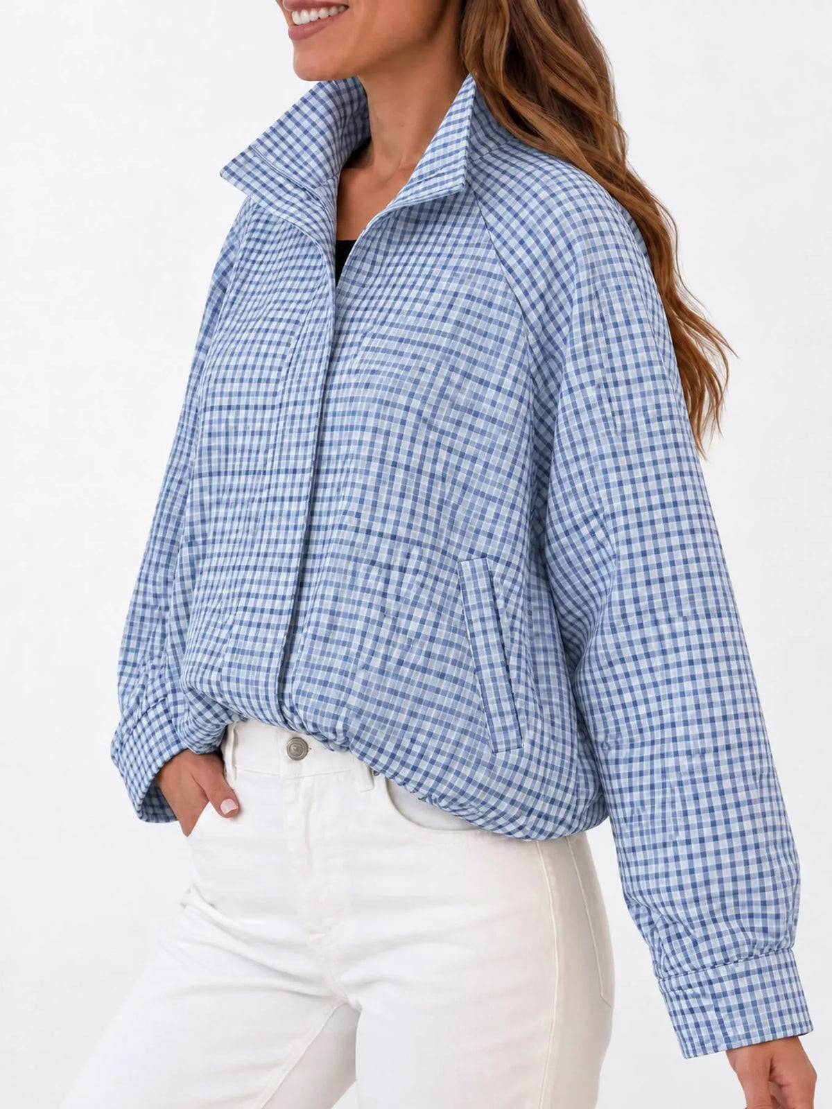 Plaid Stand-Collar Cropped Jacket