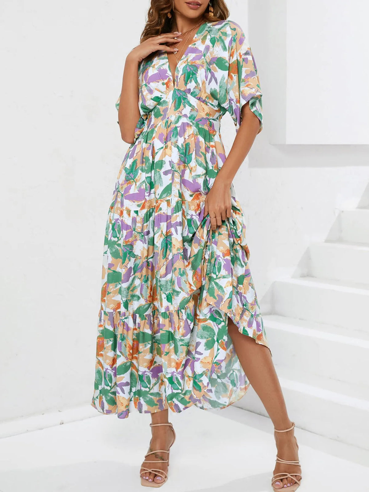 Floral Print V-Neck Boho Midi Dress in Gum Leaf
