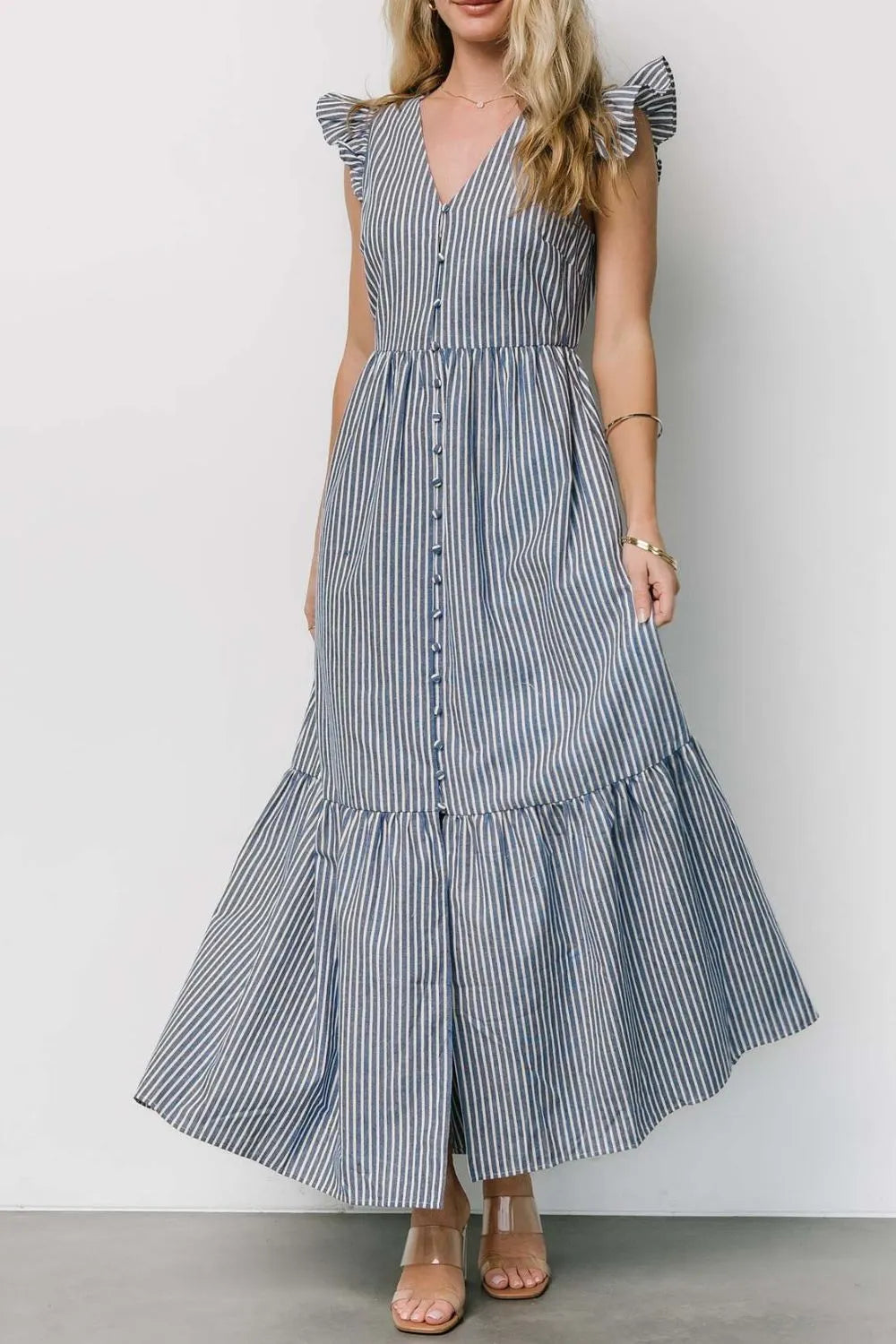 Striped V-Neck Ruffled Cap Sleeve Dress