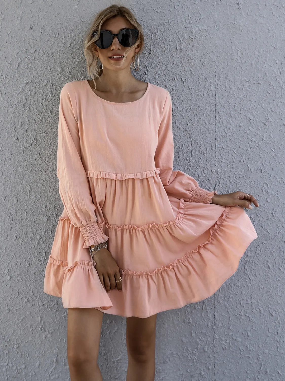 Frill Tiered Long-Sleeve Mini Dress