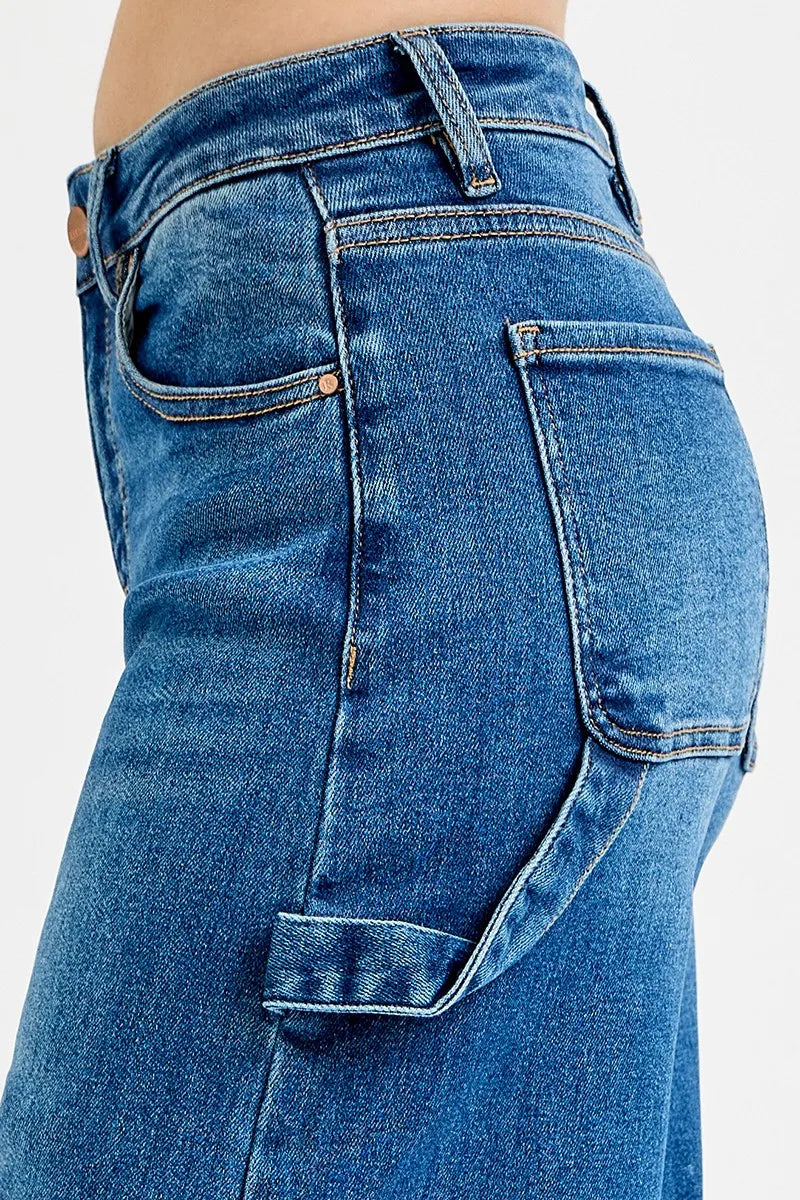 Risen High Rise Wide Leg Jeans with Patch Detail in Dark Wash