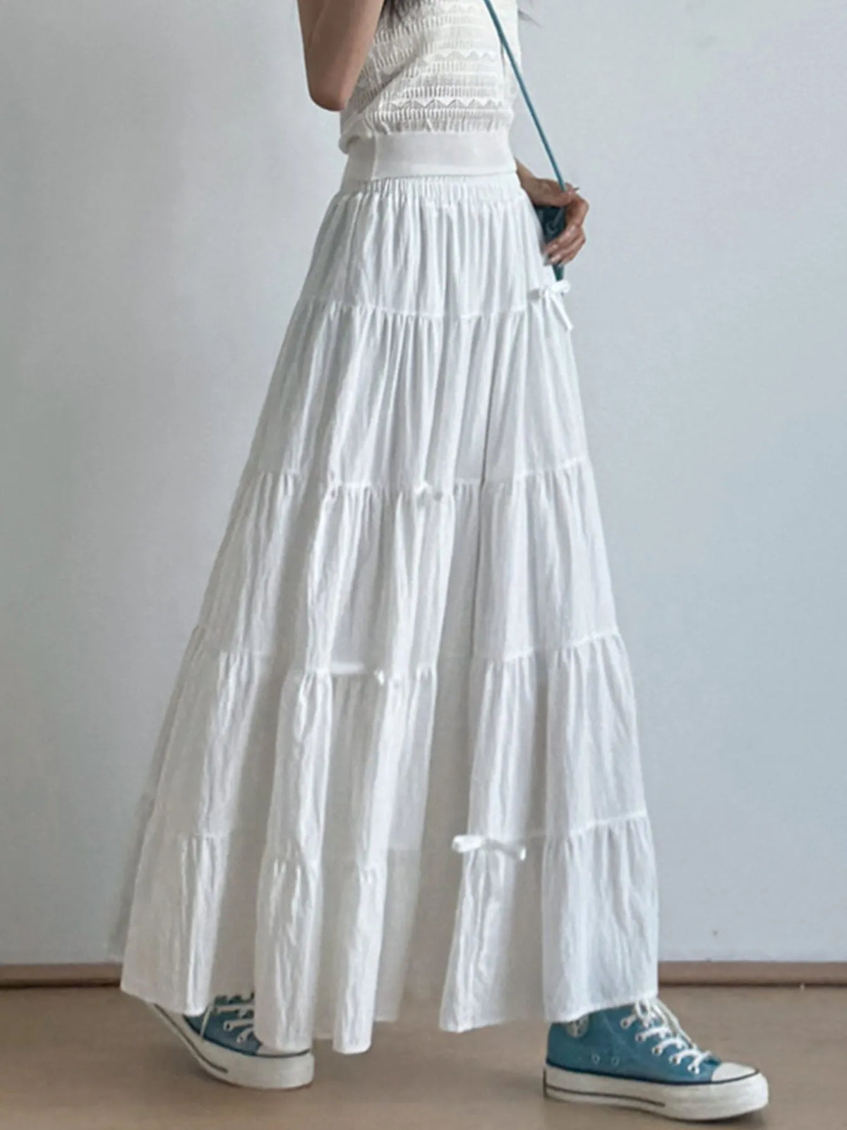 Tiered Bow Maxi Skirt with Elastic Waist