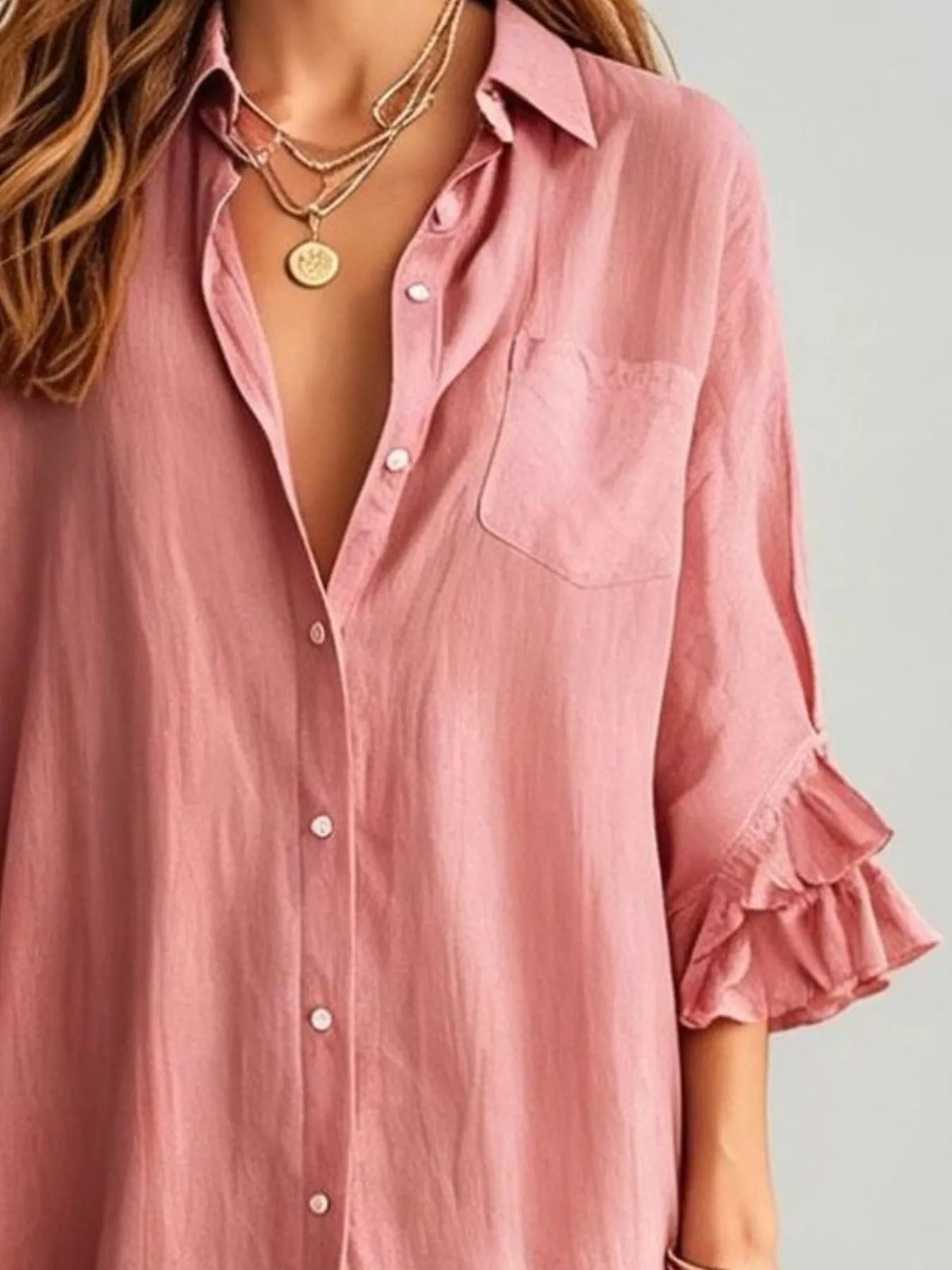 Ruffled Trim Button-Down Maxi Shirt Dress