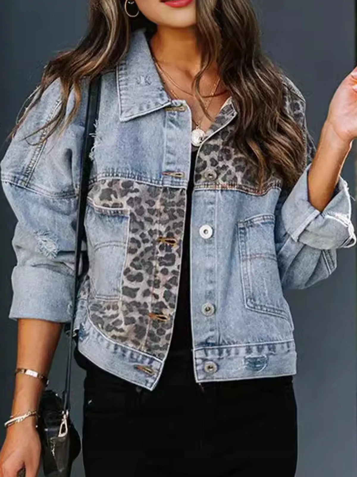Distressed Leopard Dropped-Shoulder Denim Jacket