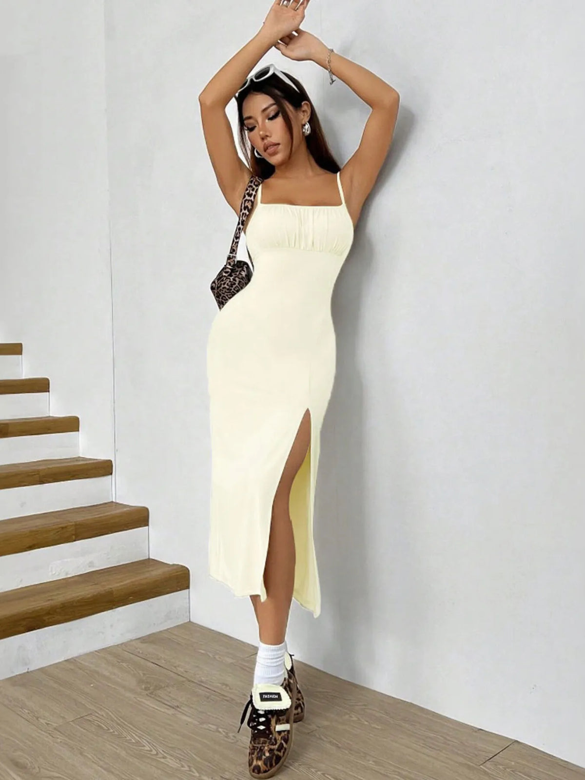 Ruched Slit Cami Midi Dress