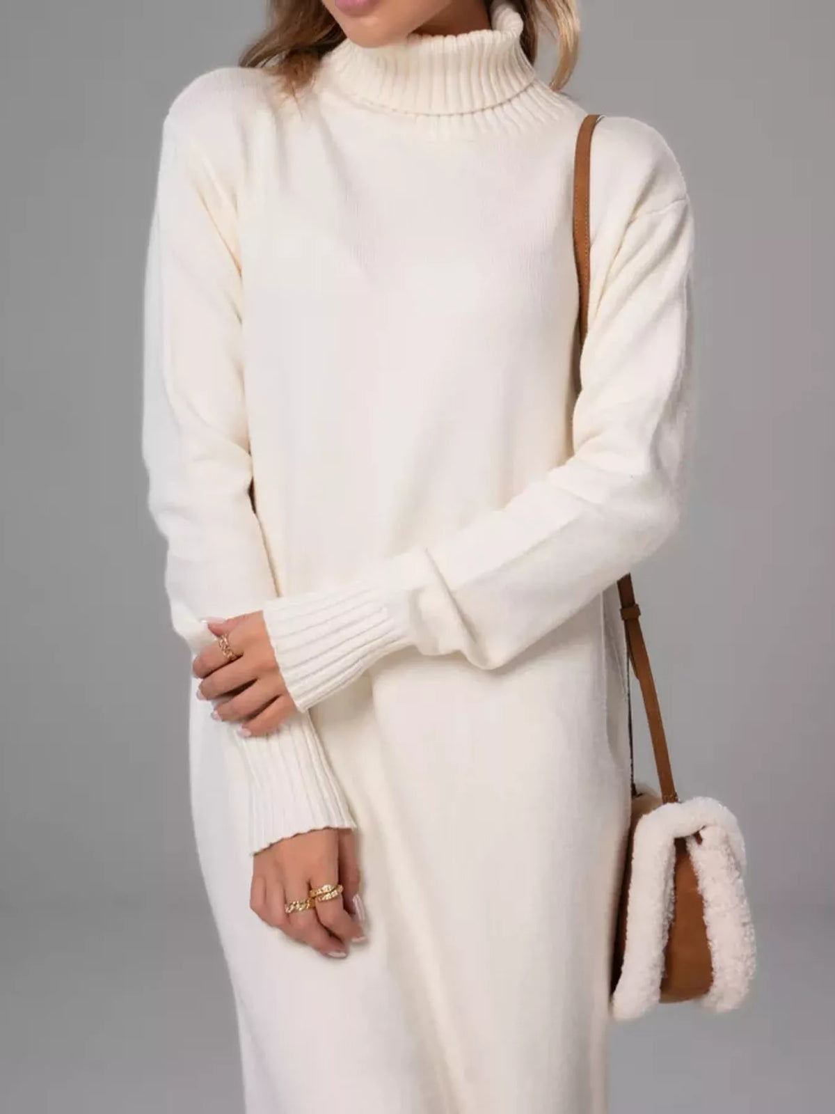 Relaxed Fit Turtleneck Ribbed Knit Sweater Dress