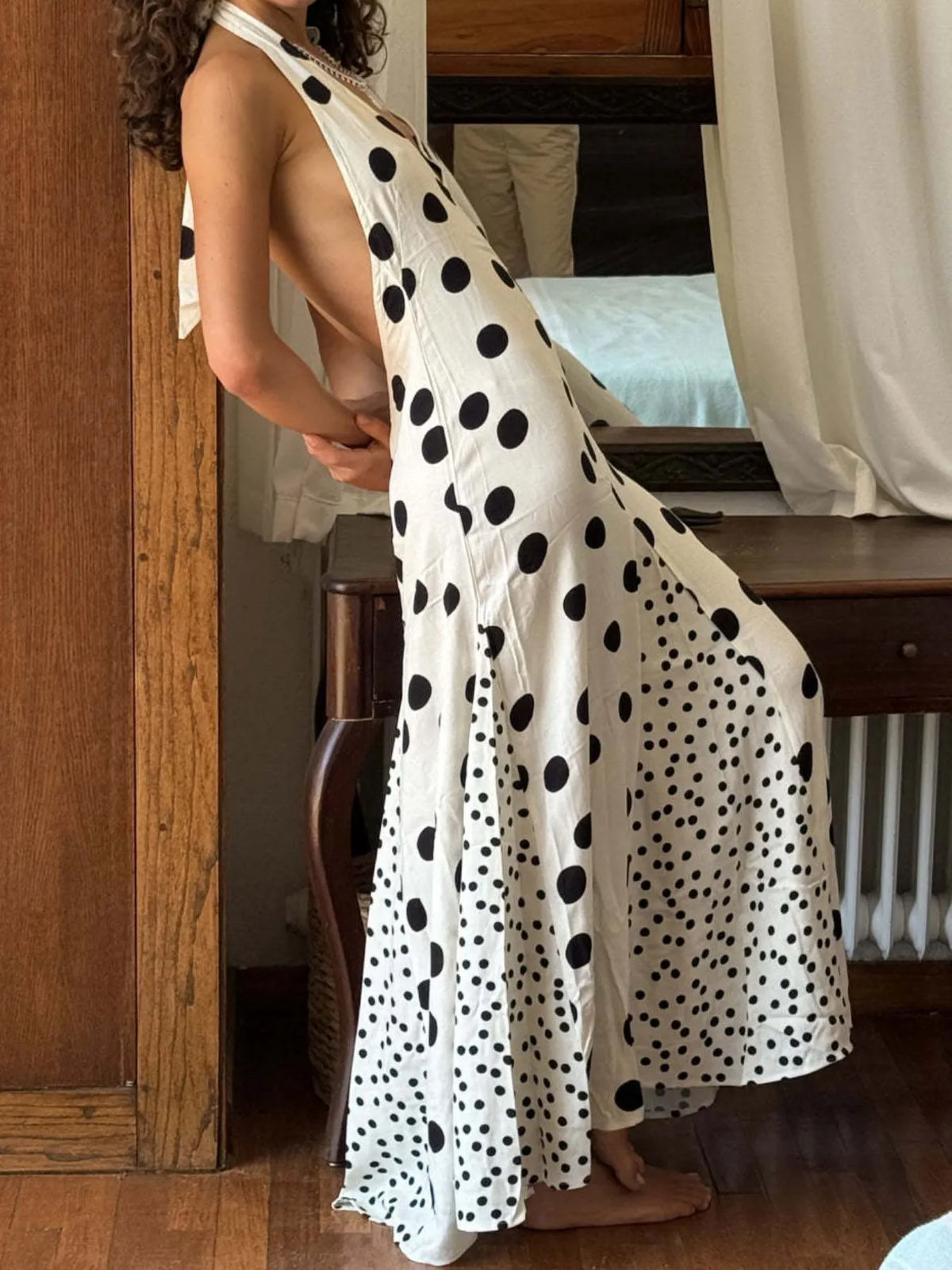 Backless Halter Polka Dot Maxi Dress in Deep Red by Mystique Q