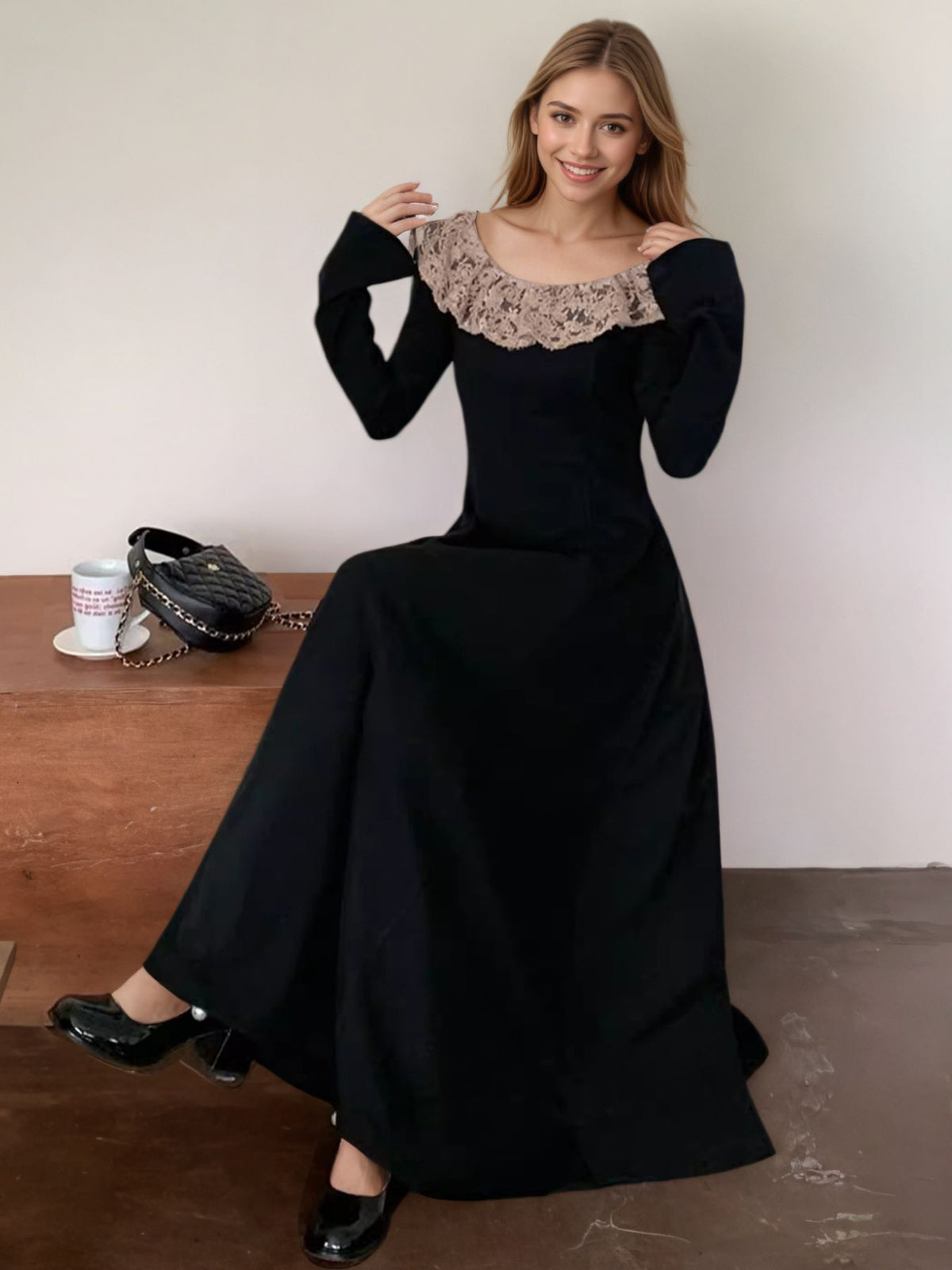 Lace Collar Long Sleeve Dress in Black