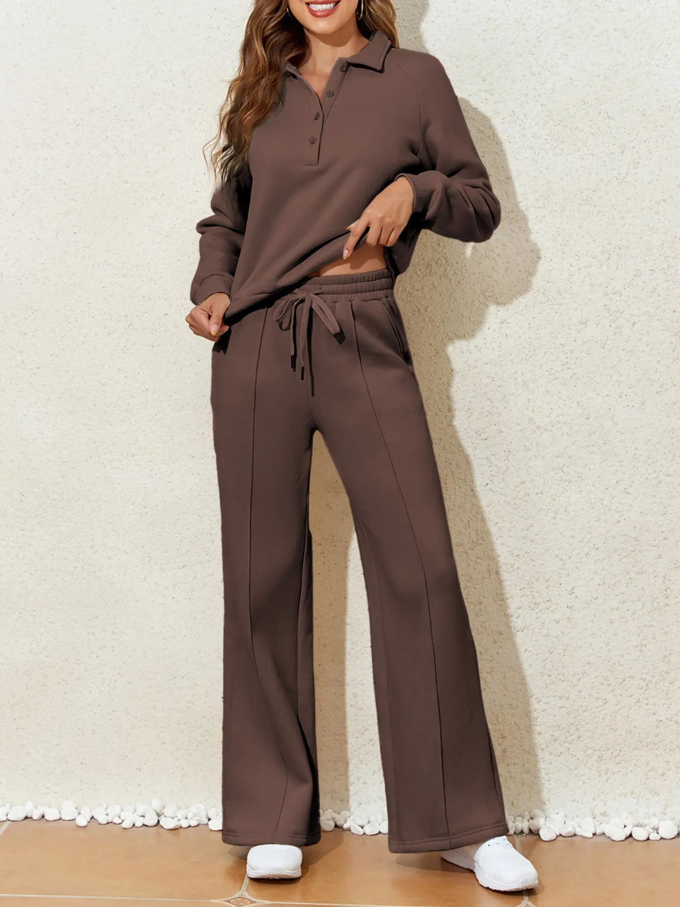 Collared Sweatshirt and High-Waist Pants Active Set