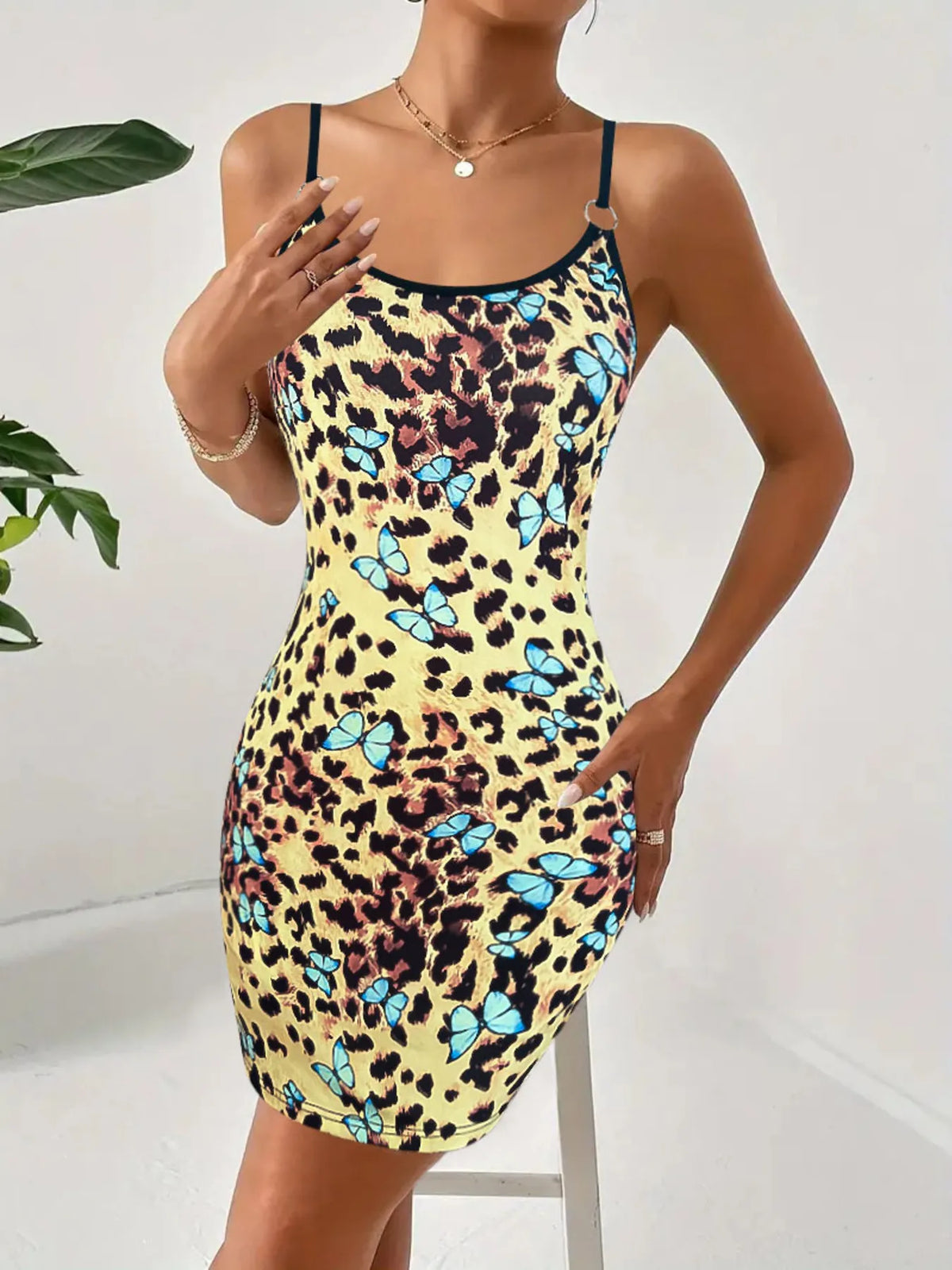 Leopard Print Mini Cami Dress in Yellow