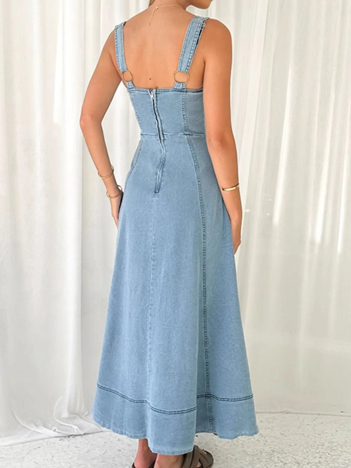Wide Strap Sweetheart Neck Denim Dress in Light Blue
