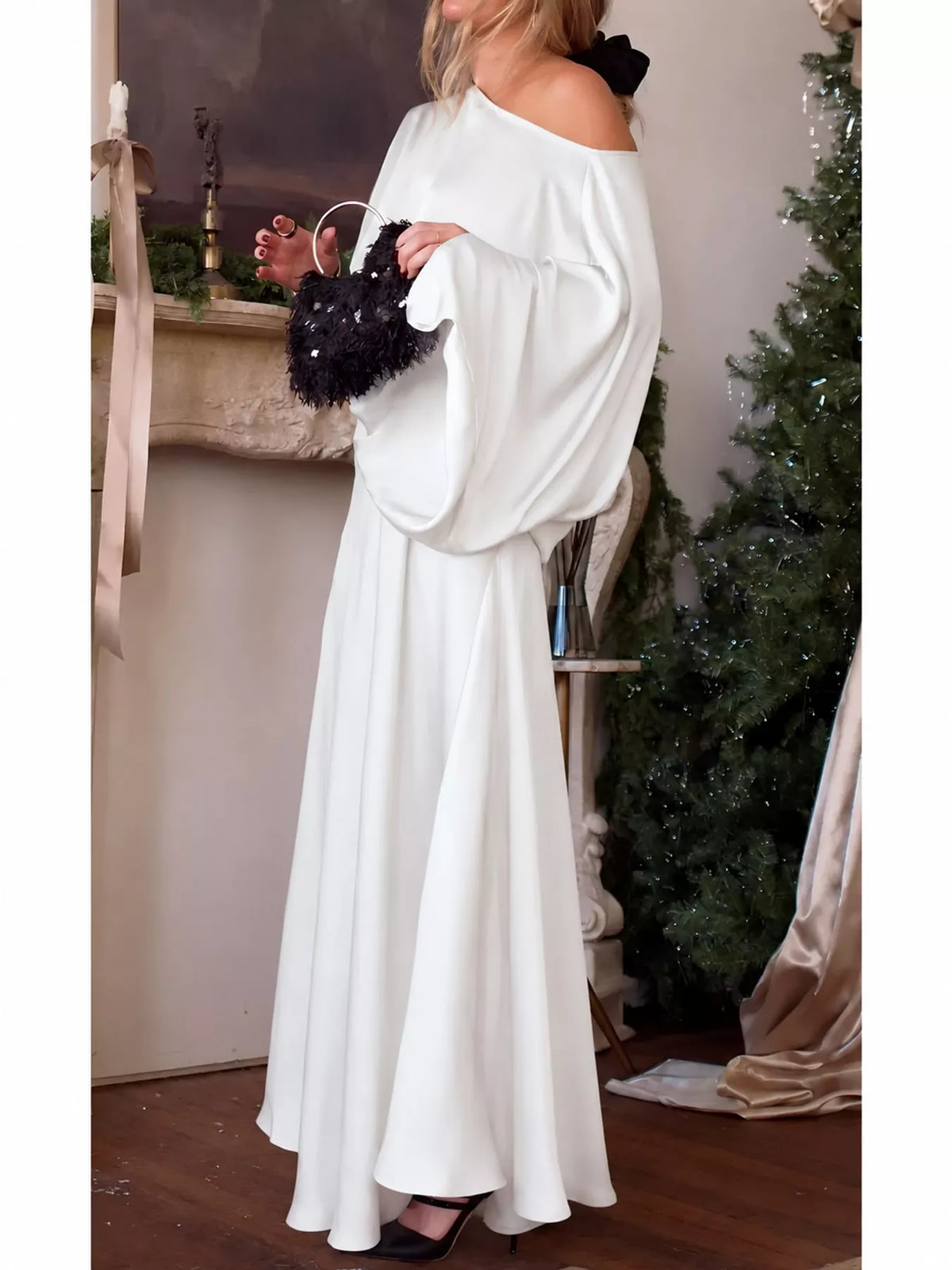 Satin Cape-Sleeve Maxi Dress