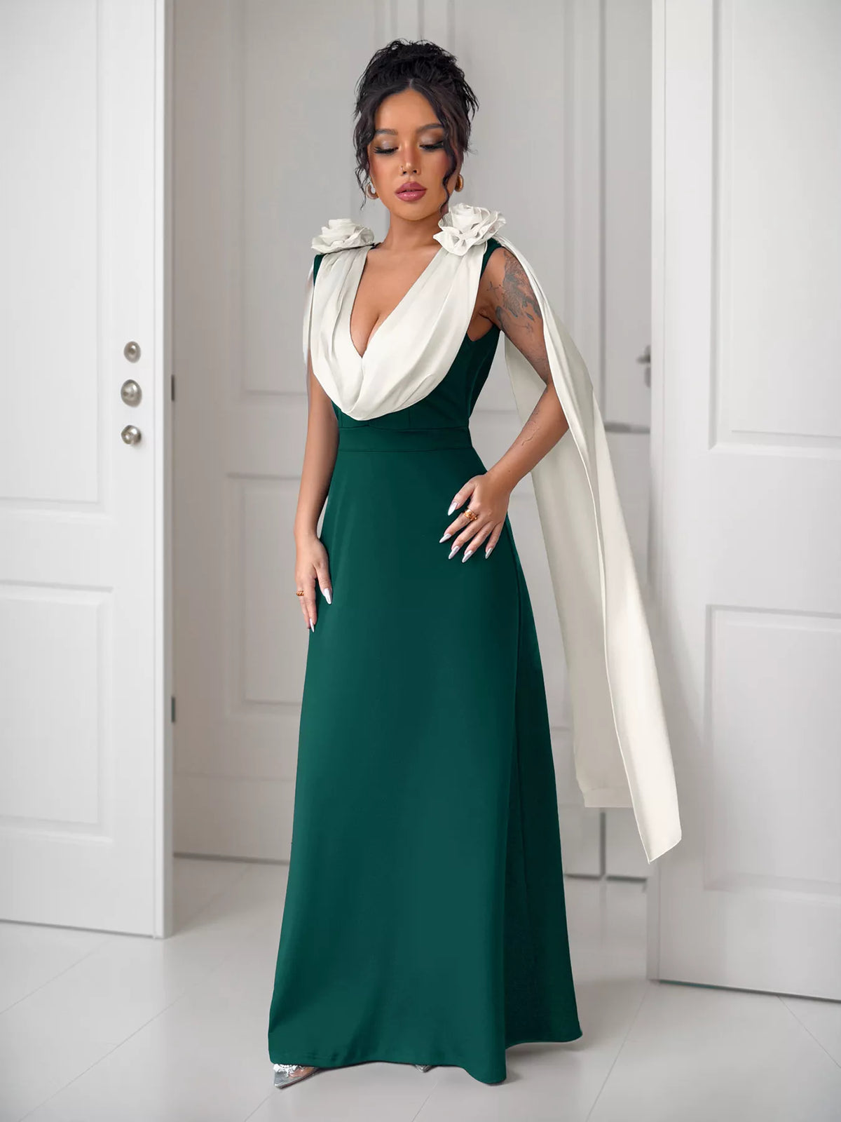 Floral Applique Two-Tone Maxi Dress