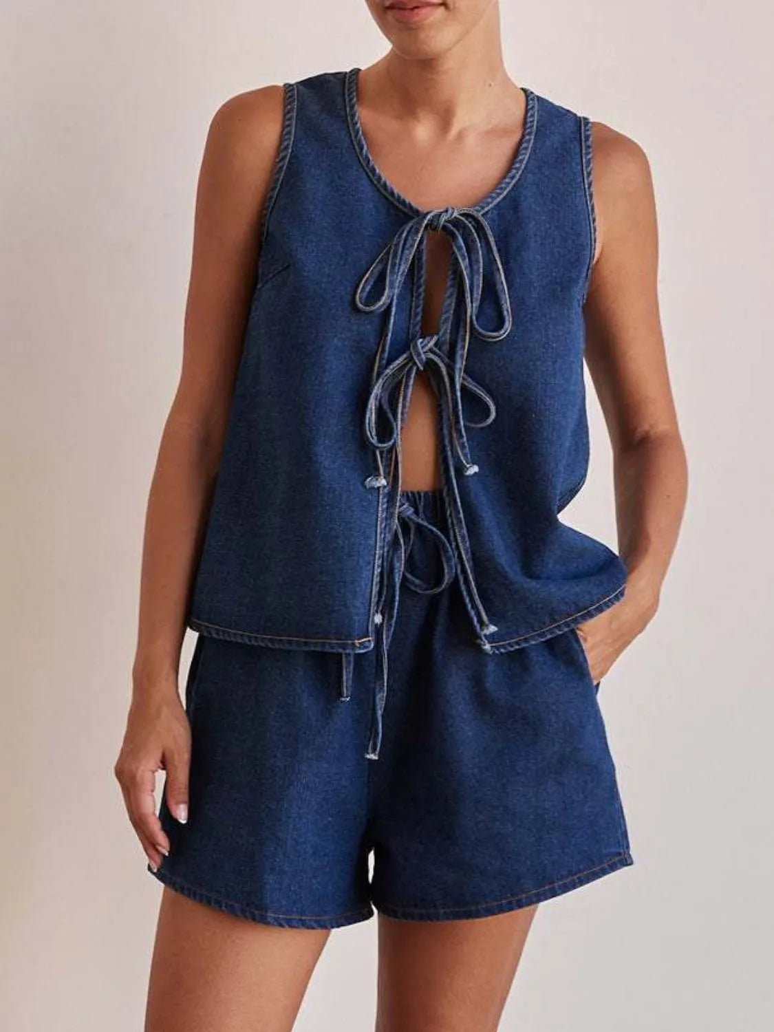 Tie-Front Vest and Shorts Denim Set