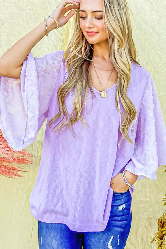 And The Why Feather-Detail Slub Top in Lilac