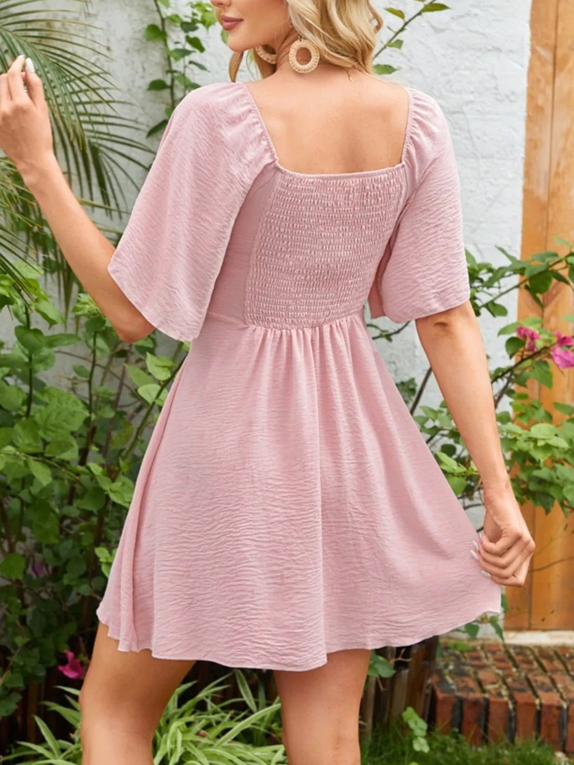Smocked Back Knotted Flutter Sleeve Dress by Gen Beauty