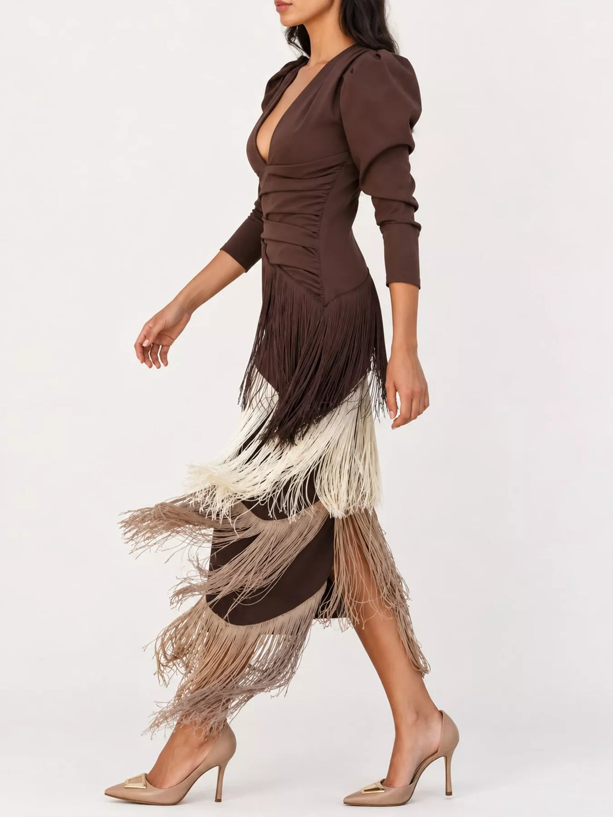 Fringed V-Neck Puff Sleeve Maxi Dress
