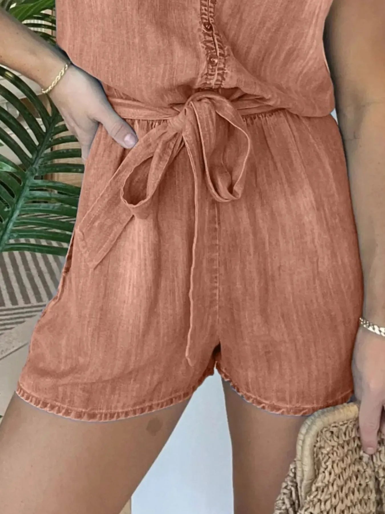 Tie-Waist Cap Sleeve Denim Romper