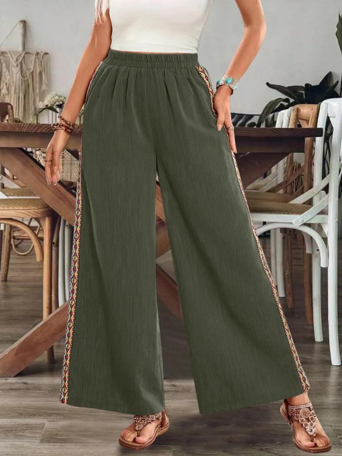 Embroidered Side-Stripe Wide-Leg Pants