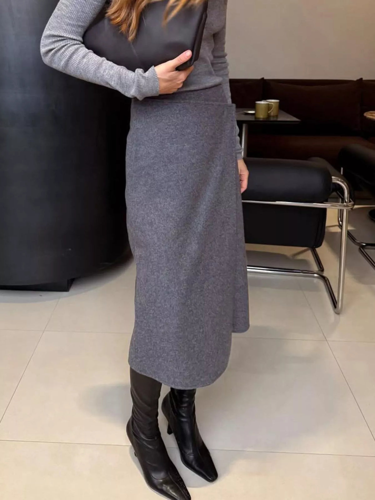 High-Waisted Wrap Midi Skirt in Gray